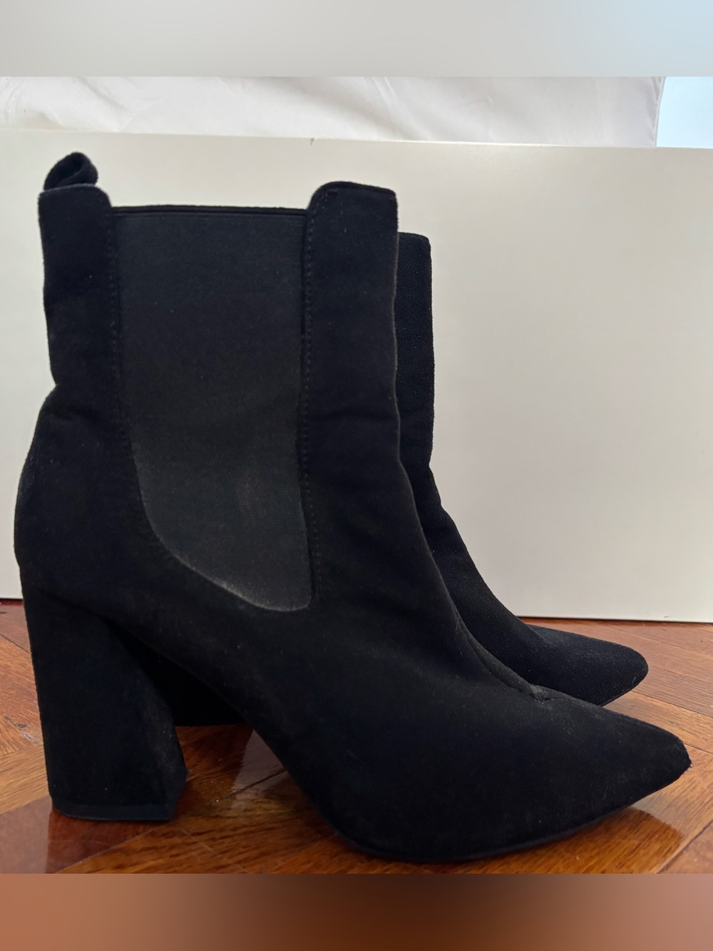PrettyLittleThing Black Suede Pointed Block Heel Chelsea Boots